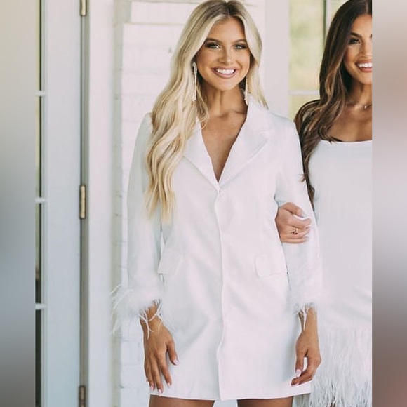 Tops - White Blazer feather trim sleeves